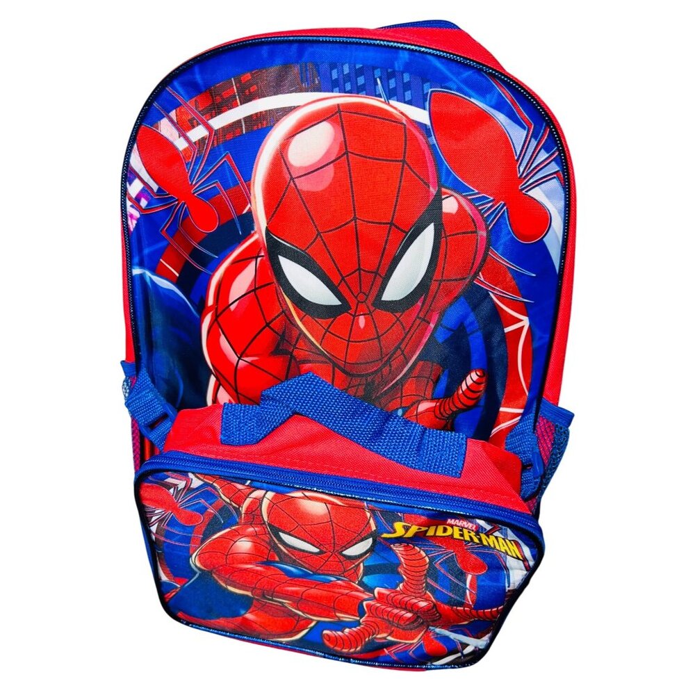 New! Marvel SpiderMan Backpack With Exterior Lunch Compartment - Red & Blue Desi
